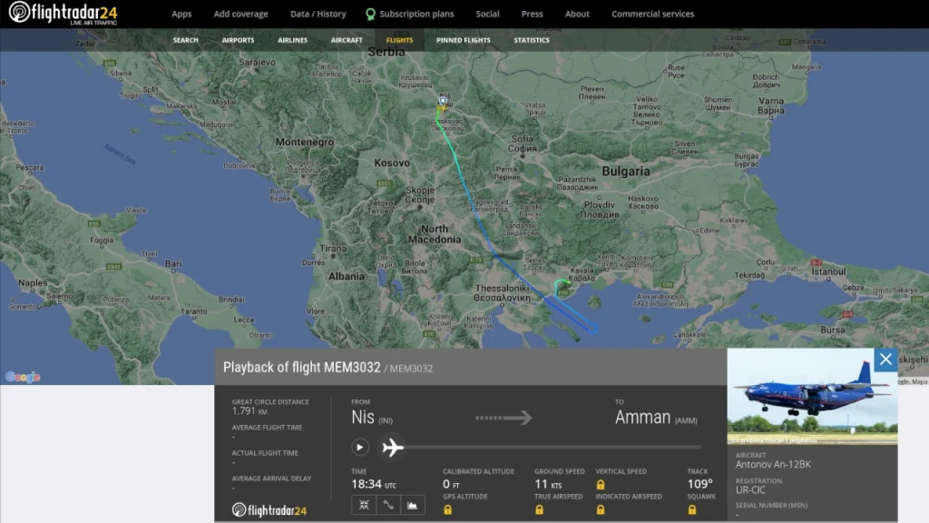 Το ίχνος πτήσης του αεροσκάφους Antonov An12BK. Εικόνα (screenshot): flightradar24.com