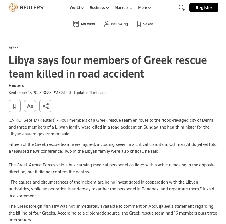 Το δημοσίευμα από το Reuters: Libya says four members of Greek rescue team killed in road accident