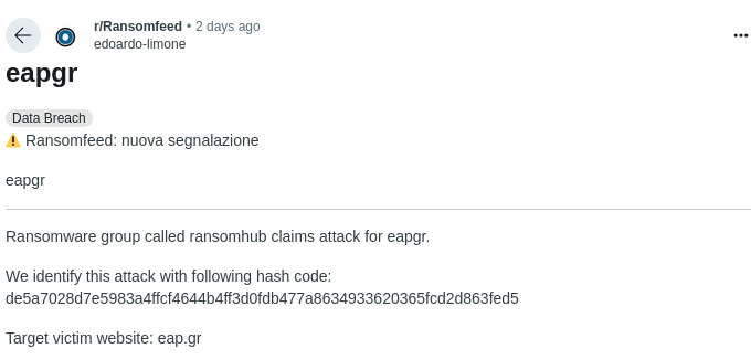 Ransomfeed στο reddit για την κυβερνοεπίθεση στο ΕΑΠ