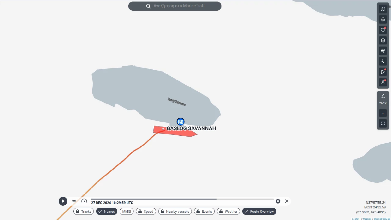 Το πλοίο GASLOG SAVANNAH, με σημαία Βερμουδα, στον Τερματικό Σταθμό Υγροποιημένου Φυσικού Αερίου Ρεβυθούσας στις 27 Δεκεμβρίου 2024. Εικόνα (screenshot): marinetraffic.com