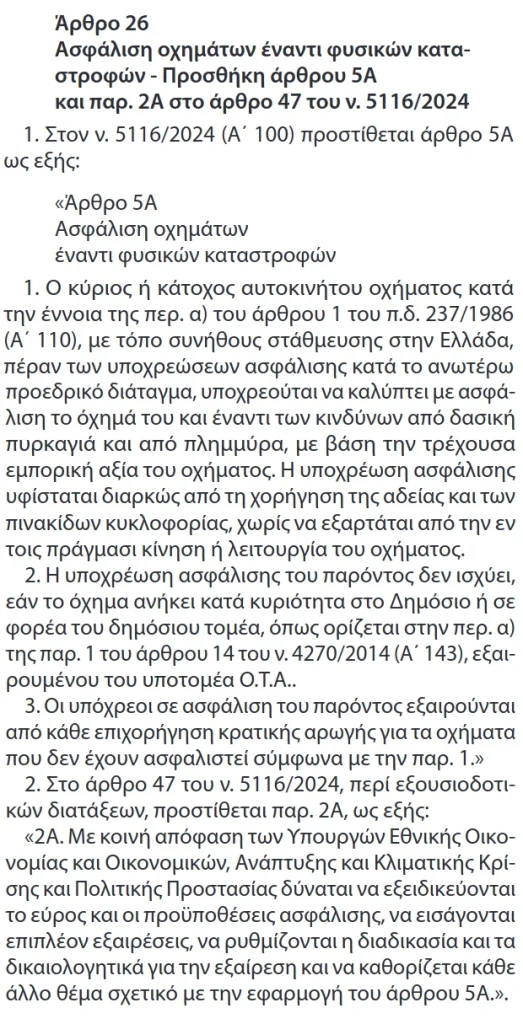 Άρθρο 26, Νόμος 5162 (ΦΕΚ 198/2024) "Ασφάλιση οχημάτων έναντι φυσικών καταστροφών"