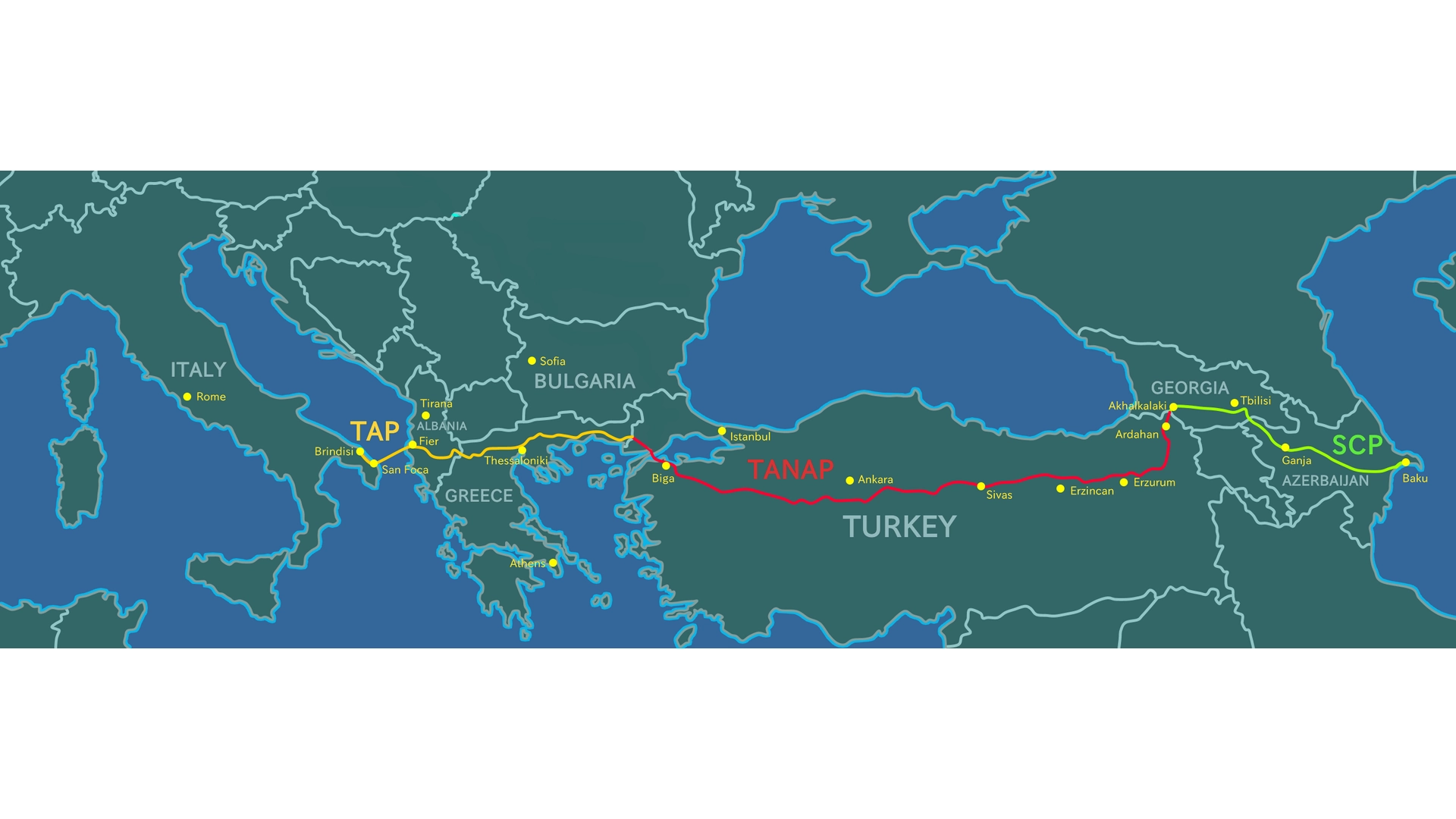 Το φυσικό αέριο από το Αζερμπαϊτζάν στην Ευρώπη μέσω Γεωργίας, Τουρκίας, Ελλάδας, Αλβανίας και Ιταλίας. Χάρτης με τους αγωγούς SCP, TANAP, TAP.