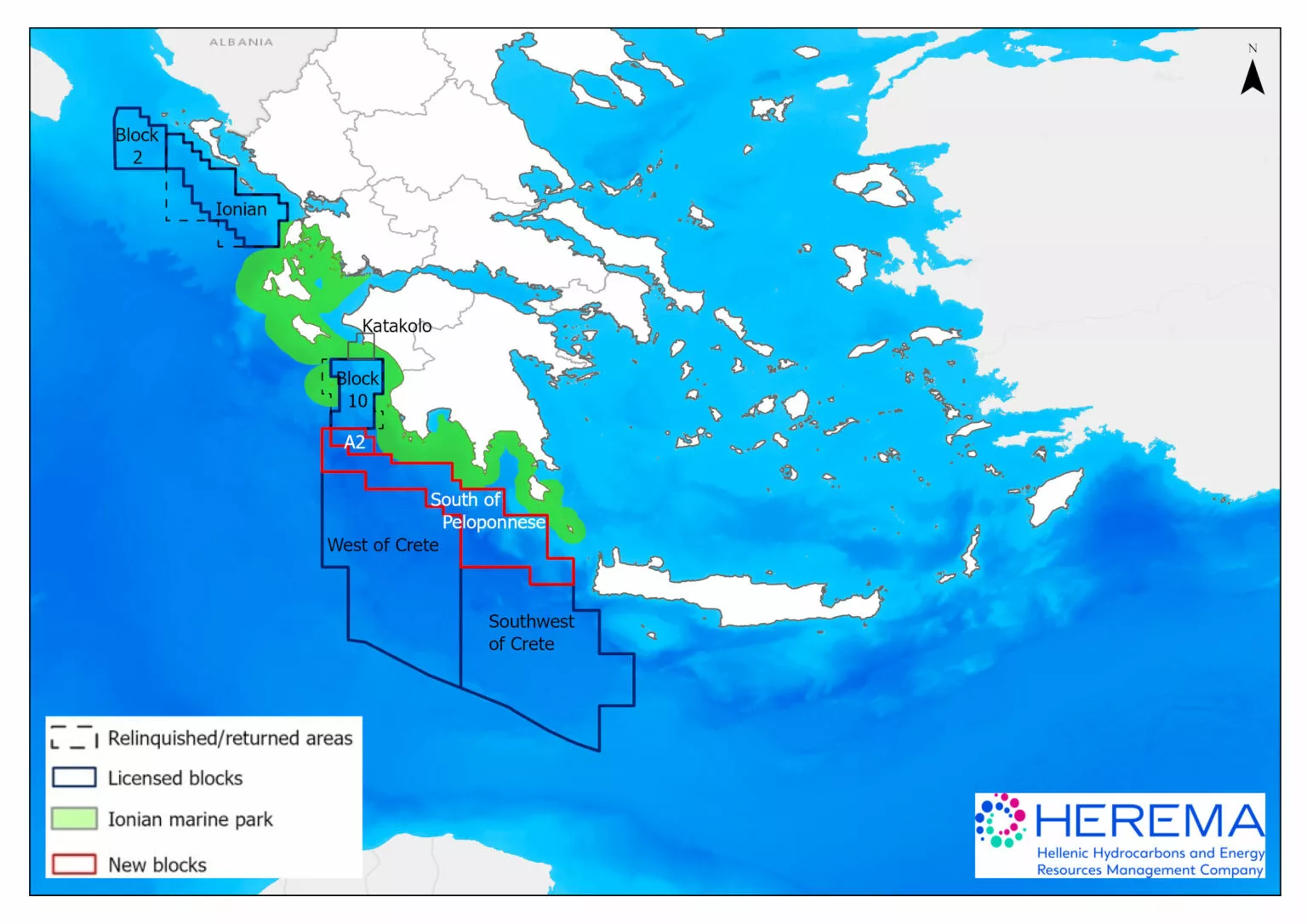 Χάρτης με τα θαλάσσια οικόπεδα στο Ιόνιο Πέλαγος και το Κρητικό Πέλαγος. Εικόνα: Ελληνική Διαχειριστική Εταιρεία Υδρογονανθράκων και Ενεργειακών Πόρων (ΕΔΕΥΕΠ)