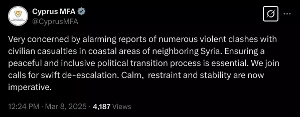 Cyprus MFA on X Very concerned by alarming reports of numerous violent clashes with civilian casualties in coastal areas of neighboring Syria