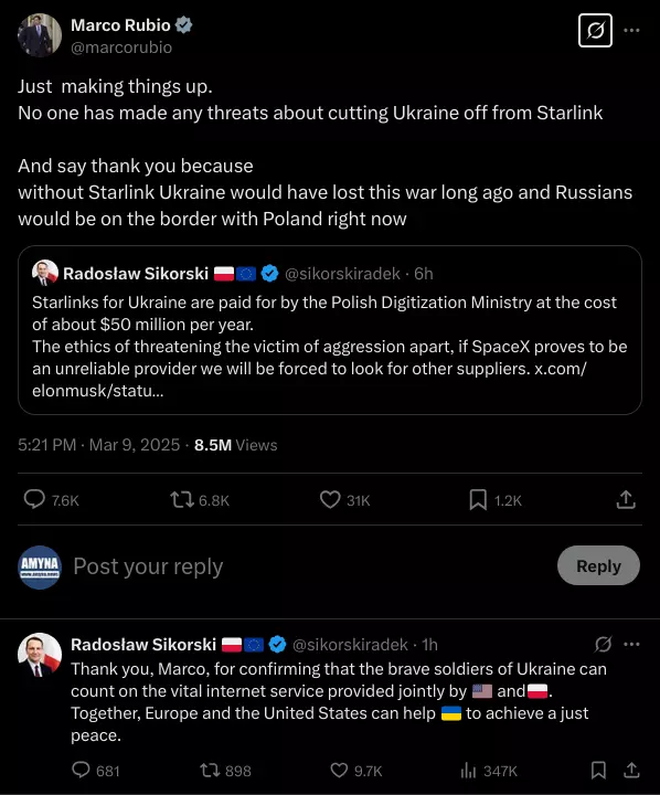 Marco Rubio: Just  making things up. No one has made any threats about cutting Ukraine off from Starlink. And say thank you because  without Starlink Ukraine would have lost this war long ago and Russians would be on the border with Poland right now