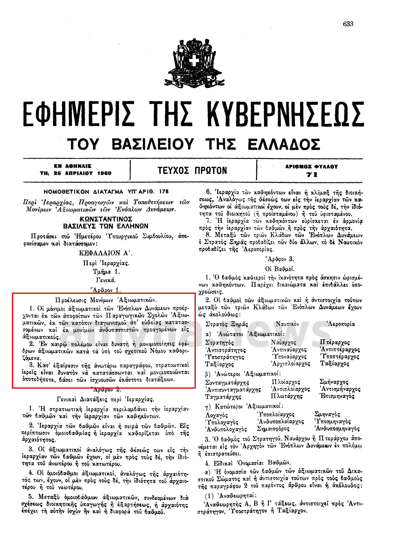 Νομοθετικό Διάταγμα 178/1969 "Περί Ιεραρχίας, Προαγωγών και Τοποθετήσεων των Μονίμων Αξιωματικών των Ενόπλων Δυνάμεων"