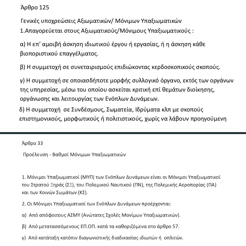 Απαγορεύσεις σε Αξιωματικούς και Μόνιμους Υπαξιωματικούς αλλά όχι σε ΕΠΟΠ