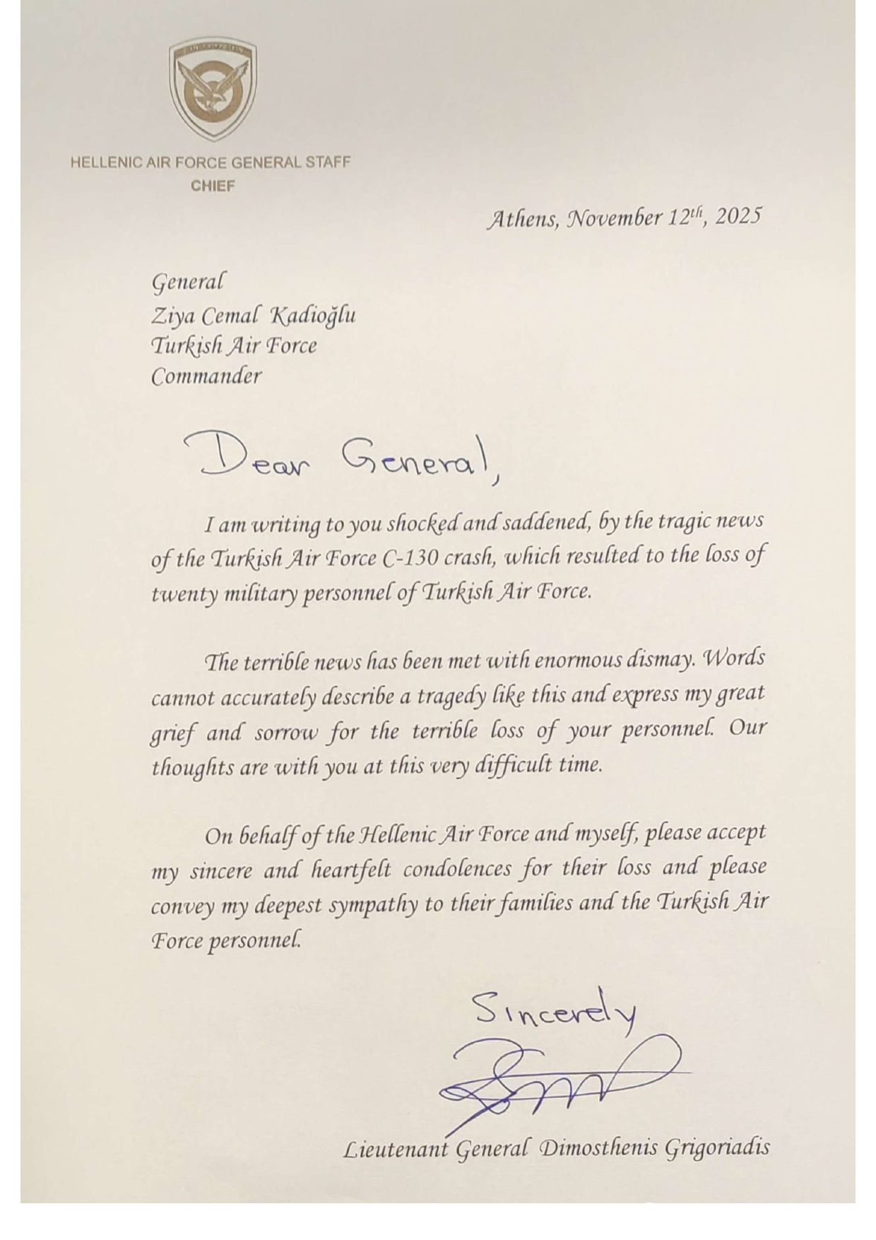 Συλλυπητήρια επιστολή του Έλληνα Α/ΓΕΑ προς τον Τούρκο ομόλογό του