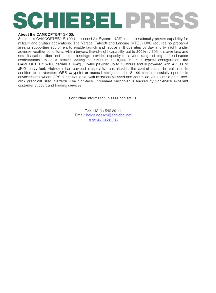 Δελτίο Τύπου της Schiebel για την υπογραφή Σύμβασης με τη ΓΔΑΕΕ για τα UAS CAMCOPTER S-100
