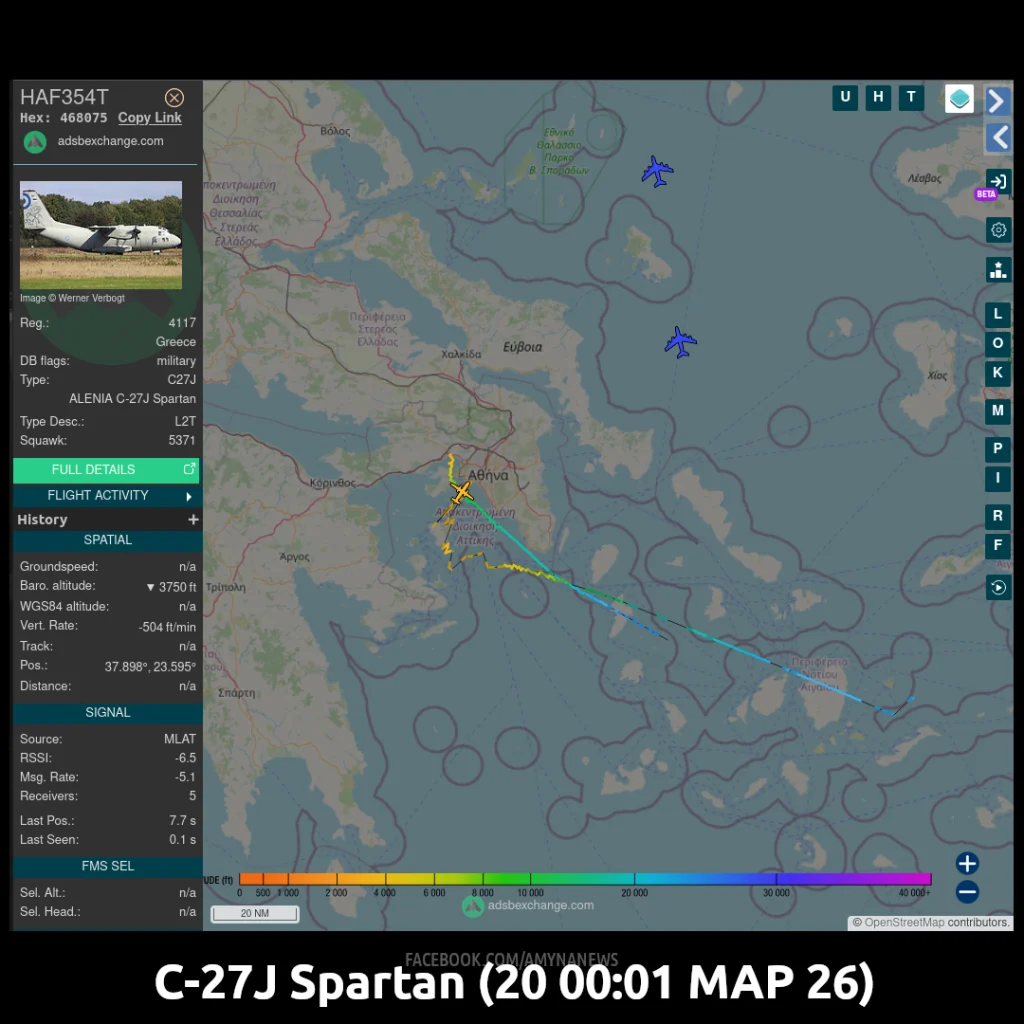 Πτήση του C-27J (HAF354T) της Ελληνικής Πολεμικής Αεροπορίας προς την Αεροπορική Βάση Ελευσίνας. Εικόνα: ADS-B Exchange