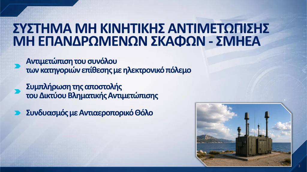 Έγκριση ΚΥΣΕΑ για 11 εξοπλιστικά προγράμματα στις Ένοπλες Δυνάμεις
ΣΥΣΤΗΜΑ ΜΗ ΚΙΝΗΤΙΚΗΣ ΑΝΤΙΜΕΤΩΠΙΣΗΣ ΜΗ ΕΠΑΝΔΡΩΜΕΝΩΝ ΣΚΑΦΩΝ - ΣΜΗΕΑ